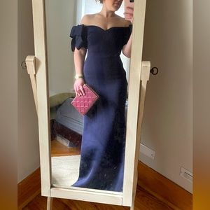 Navy Badgley Mischka off-the-shoulder gown